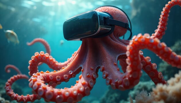 Red octopus wears VR headset underwater exploring digital world. Marine animal swims near coral reef. Futuristic ocean tech blends nature, virtual reality fun.