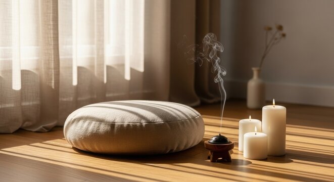 Meditation cushion with burning incense and candles on wooden floor with sunlight streaming through sheer curtains