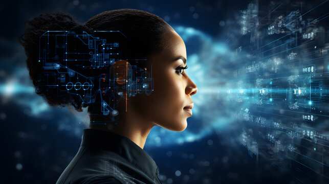 cyber security threat illustration, black african american female IT specialist analysing data information technology