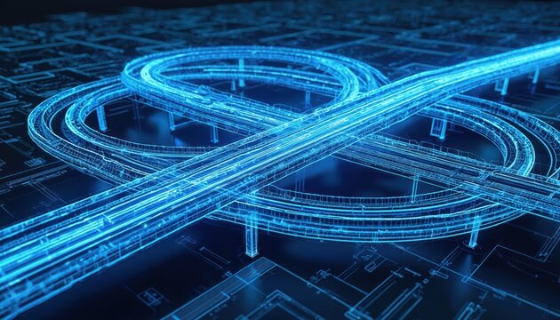 Digital highway interchange blueprint illustration. Abstract 3D render of road network design. Modern tech concept shows infrastructure connectivity, urban planning. Futuristic city with