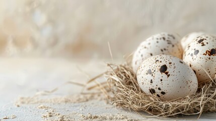 Celebration of world egg day with nestled speckled eggs for nature inspired decor. Horizontal banner. Copy space. World Farm Animals Day. World Bird Day. Healthy farm food. Happy Easter