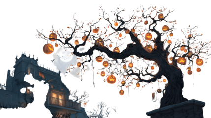 Haunted house with jack-o'-lantern tree isolated on white background