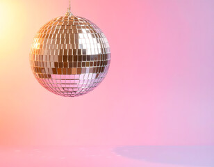 Obraz premium Shiny disco ball reflecting light on a pink gradient background