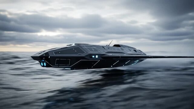 Futuristic Flying Boat Gliding Over Sea on a Cloudy Day - High Quality Animation Visuals