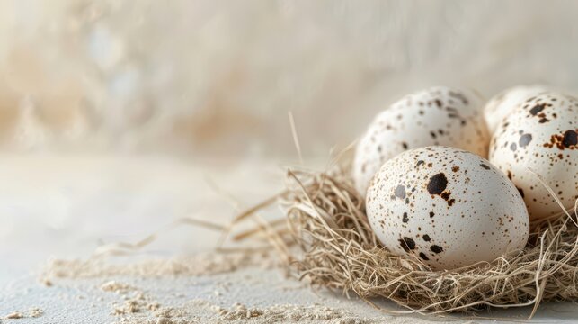 Celebration of world egg day with nestled speckled eggs for nature inspired decor. Horizontal banner. Copy space. World Farm Animals Day. World Bird Day. Healthy farm food. Happy Easter