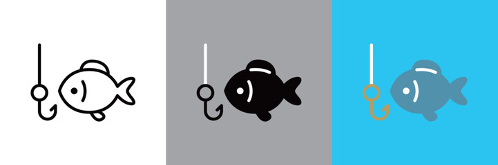 Naklejka na ściany i meble 魚釣りのカラーとモノクロアイコン