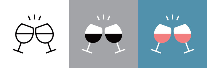 ワイングラスで乾杯のカラーとモノクロアイコン