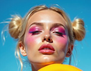 Blonde woman wears bright pink eyeshadow, blue eyeliner, glossy lips, hair in buns against blue sky. Bold, playful summer style. Youthful model, vibrant look, makeup art.