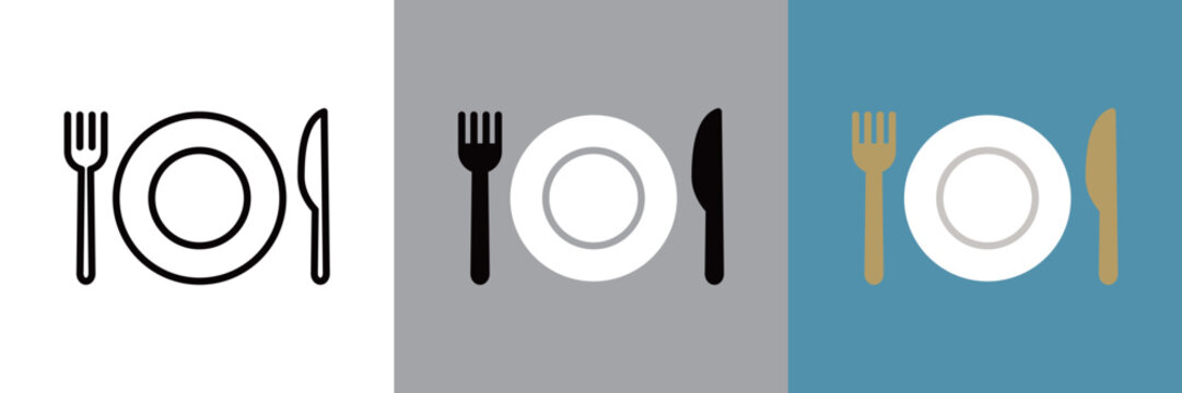お皿とナイフとフォークのカラーとモノクロアイコン
