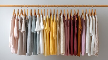 Diverse Range of Colorful Casual Shirts Hanging on Wooden Rack in Modern Fashion Display Setting