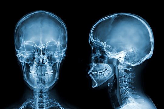 X-ray images of a human skull from the front and side views, showing bone structure and anatomy.