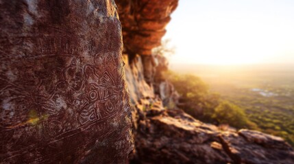 Ancient rock engravings at sunset in scenic landscape