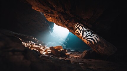 Sunlight illuminating cave with ancient tribal art on rock