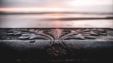 Ornate iron railing detail with ocean sunset in background