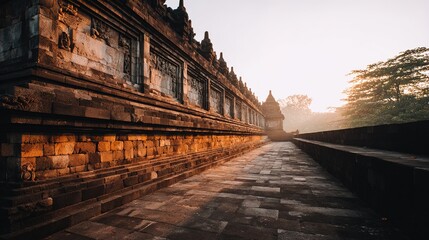 Sunrise over borobudur temple: ancient stone pathway surrounded by lush greenery