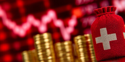 A red bag with a white cross symbolizing Swiss currency is placed in front of stacked gold coins. A red stock market chart with a downward trend is visible in the background.