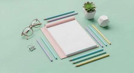 Flat lay of pastel colored pencils notebook glasses and succulent plant on mint green background pastel colors