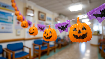 A string of plastic pumpkin and bat decorations is hung across a waiting room with blue chairs and bright lighting. The festive decor creates a cheerful Halloween atmosphere.