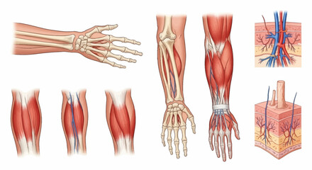 Anatomical illustrations depict bones muscles and vascular systems of the human hand and forearm