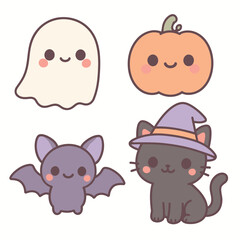 Cute Halloween Character Set — Kawaii Ghost, Pumpkin, Bat, and Witch Cat in Pastel Colors for Kids Stickers and Patterns