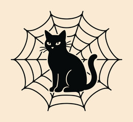 Black Cat Sitting in Spider Web — Minimalist Halloween Vector Logo and Poster Design in Flat Style