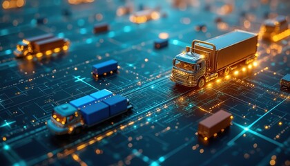 Digital visualization of global logistics and supply chain. Trucks move on digital circuit board network with glowing lights showing data flow and connectivity.