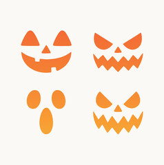 Jack-o’-Lantern Faces Collection — Minimal Pumpkin Emotions Set with Happy, Angry, and Shocked Expressions in Gradient Orange Flat Vector