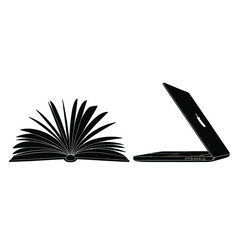 Silhouette of an open book and a laptop on a white background