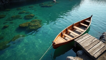 Obraz premium Wooden rowing boat moored to a weathered dock on clear turquoise water with submerged rocks below. Peaceful lake scene, calm sea, idyllic summer vacation.