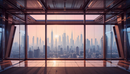 Futuristic office with glass partitions and panoramic view of hazy metropolis skyline