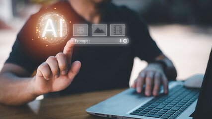 Businessman interacting with AI prompt interface, symbolizing generative artificial intelligence, prompt engineering, content creation by AI, machine learning tools, and digital automation future.