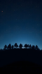 Geometric treetop skyline against indigo gradient with faint constellation and luminescence