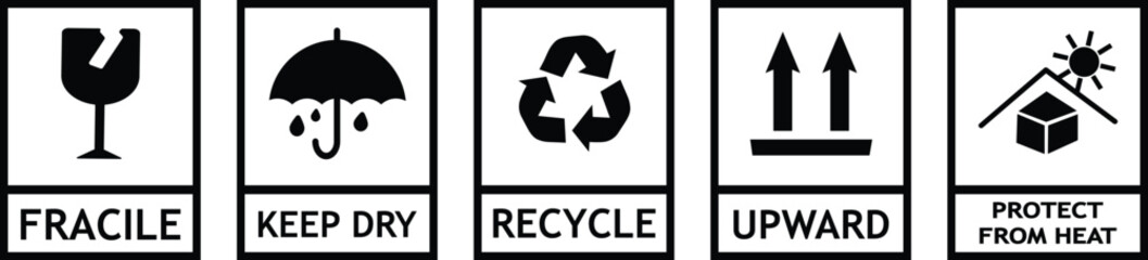 Set of Fragile package icons, keep upright dry and handle with care signs.Fragile, recycle, Handle with care, Essential Packaging Symbols, Set of multiple Safety signs and symbols,
