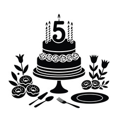 Birthday cake with number five candle and donuts celebration