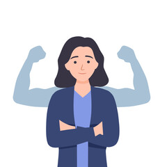 Strong woman concept. Confident, happy female character with shadow showing off her biceps. Metaphor for feminism and independence. Cartoon flat vector illustration isolated on beige background