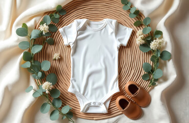 Blank white baby bodysuit arranged with eucalyptus leaves and small white flowers on a woven mat. Cute tiny brown leather baby shoes lie beside bodysuit for announcement.