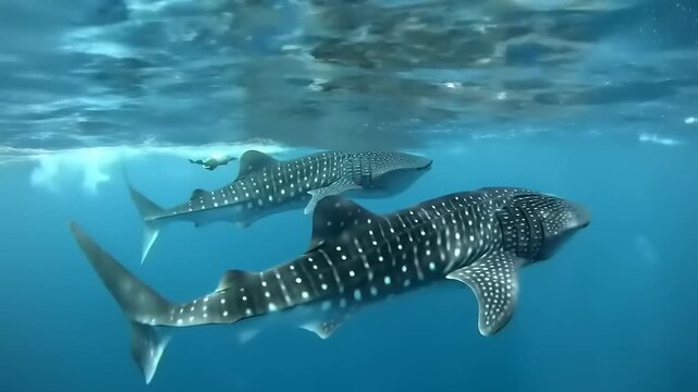 Whale sharks swimming underwater in clear ocean water