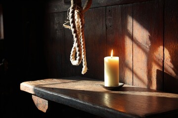 Atmospheric shot of a candle burning on a rustic shelf with a hanging rope. Sunlight creates shadows