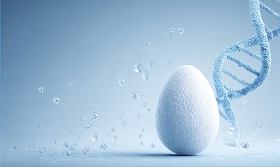 A textured egg, DNA helix, and water droplets against a soft blue background, science concept