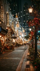Fototapeta premium Night street scene in front of Pavilion Kuala Lumpur and Bukit Bintang with glowing Christmas trees, red ribbons, garlands, golden lights, vintage lamp post, festive romantic magical atmosphere