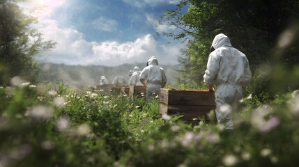 Beekeepers in protective white suits work amidst beehives in a vibrant sunny meadow filled with flowers