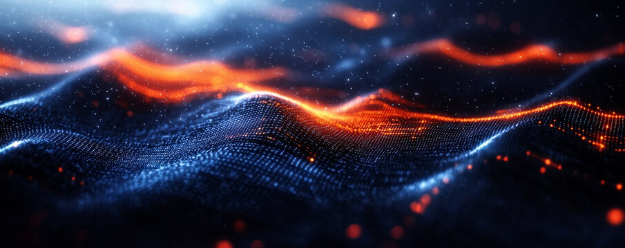 Abstract digital waves with glowing orange and blue patterns