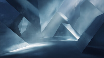 Surreal abstract space background. Futuristic geometric space with frosted glass blocks.  Suitable for commercial advertising background, web promotion backdrop. 3D rendering illustration.