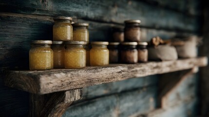 A rustic wooden shelf displays several glass jars filled with golden honey and darker preserves evoking a sense of traditional storage