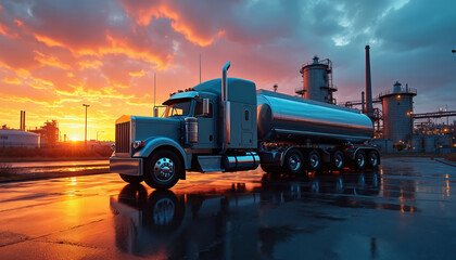 Tanker truck parked near oil refinery at sunset. Large fuel truck at industrial facility. Transportation of crude oil at twilight. Commercial vehicle on wet road.