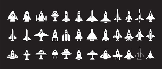 Mega Set of Space Rocket and UFO Spaceship Silhouettes Vector Icons