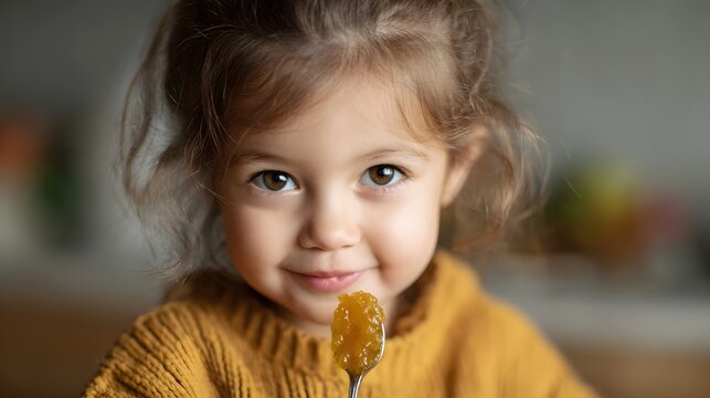 Young girl happily tastes a spoonful of jam or honey with a gentle smile - Powered by Adobe