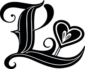 Vector art of elegant letter p with a heart and floral swirls