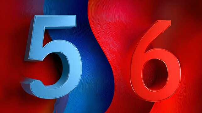 The numbers 5 and 6 are shown in red and blue. The image has a bold and dynamic feel, with the numbers appearing to be in motion. The colors of the numbers contrast with the red background