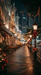 Fototapeta premium Night street scene in front of Pavilion Kuala Lumpur and Bukit Bintang with glowing Christmas trees, red ribbons, garlands, golden lights, vintage lamp post, festive romantic magical atmosphere
